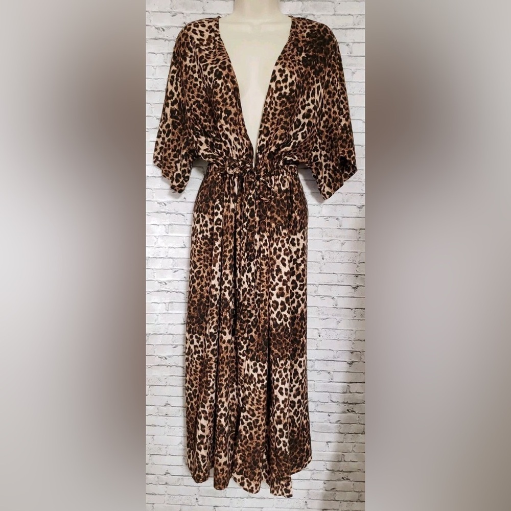 NWOT Wild Fable Womens Size M/L Leopard Maxi Duster Kimono Drawstring Waist